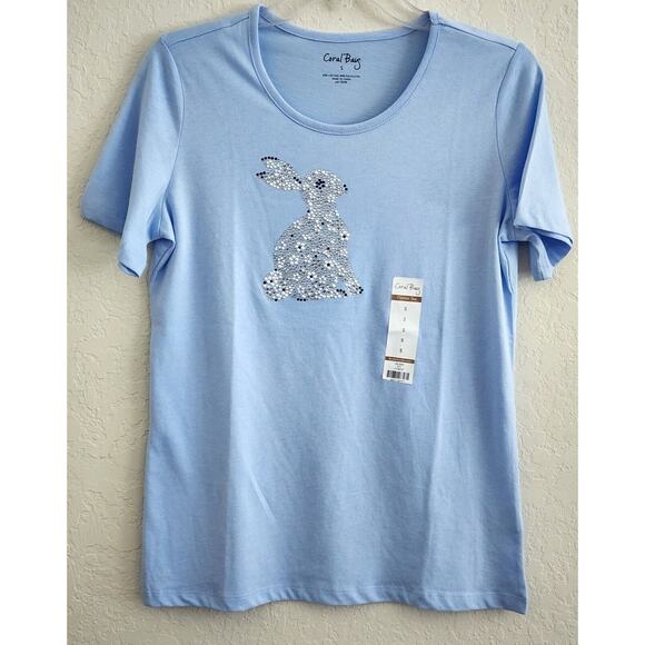 TOP/BLOUSE-CORAL BAY-Light Blue-Rabbit-Faux Pearls-Rhinestones-Size Small - Picture 1 of 16